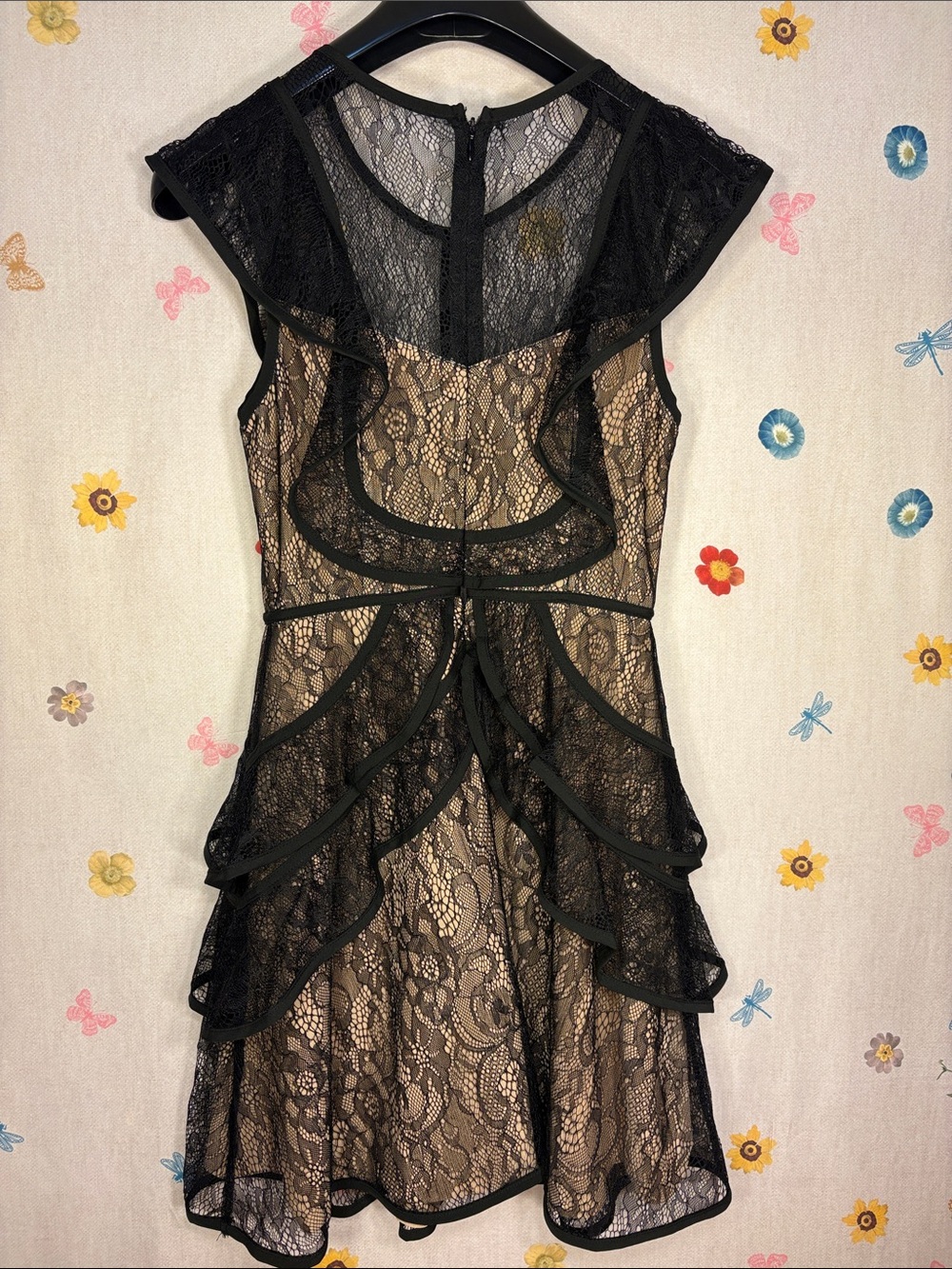 L’Atiste By Amy -Black Lace Mini Dress with Nude Lining - Feminine Ruffle Detail - Picture 5 of 10